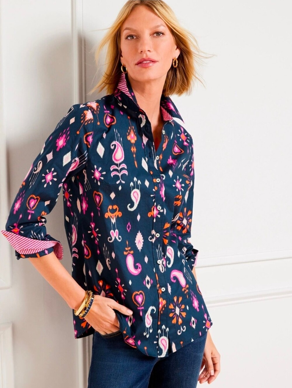 Talbots Artsy Cotton Button Front Boho Shirt Ikat Paisley sz M